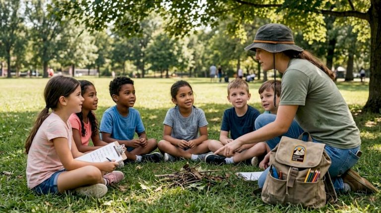 Children and counselor in outdoor learning circle