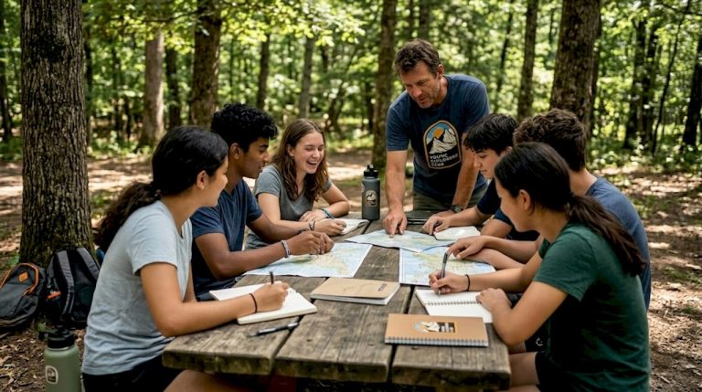 Diverse teens working together outdoors at camp