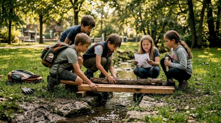 Children collaborating on hands-on outdoor task