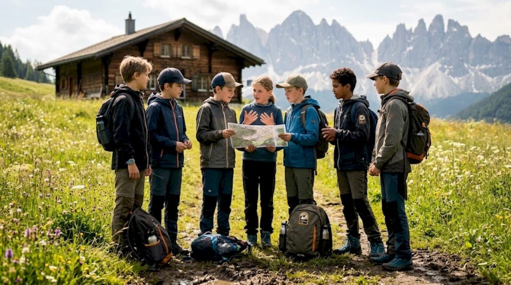 Children hiking at bilingual Swiss camp
