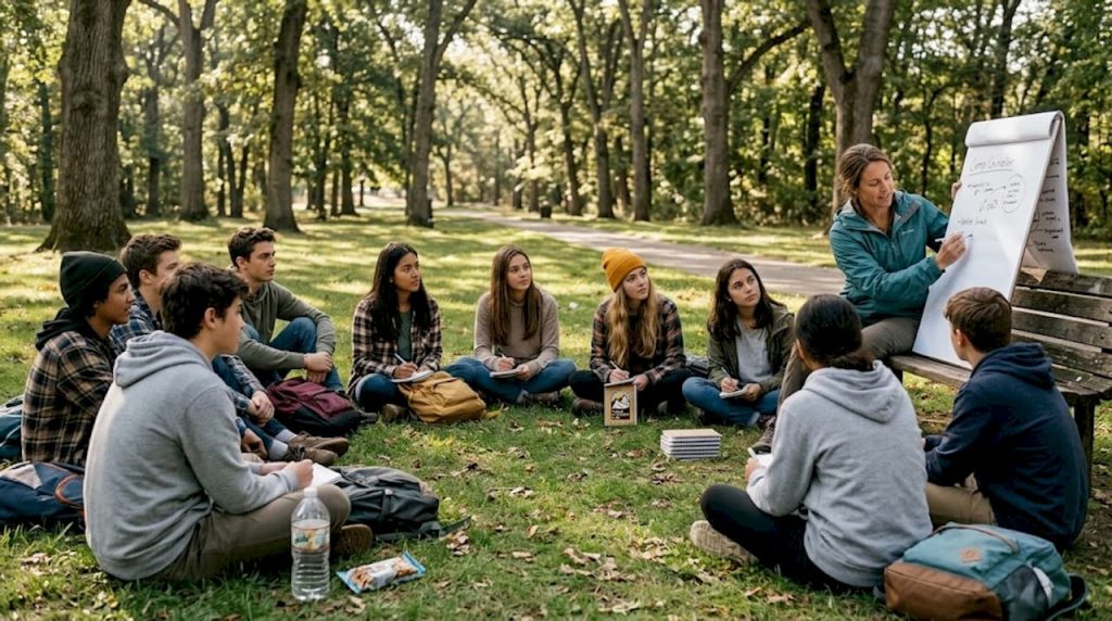 Camp group gathers for learning outdoors