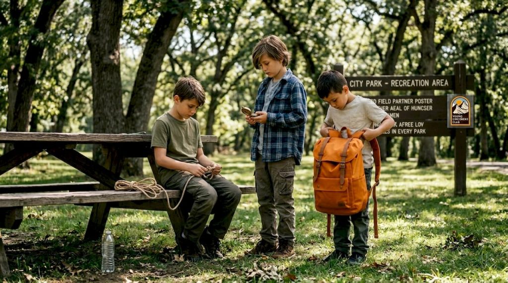 Children practicing outdoor camp skills in park