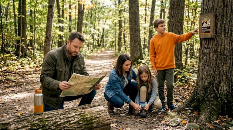 Family hiking on woodland trail learning outdoors