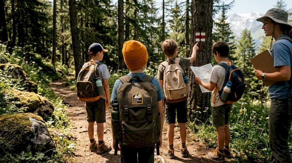 Camp group hiking in sunlit Swiss forest