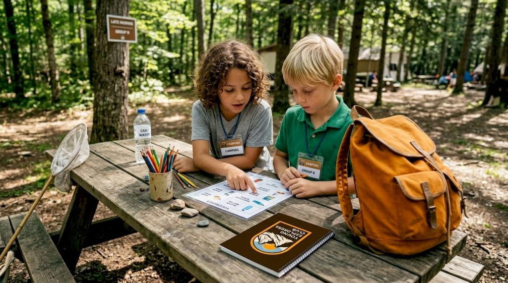 Children learning language outdoors at camp