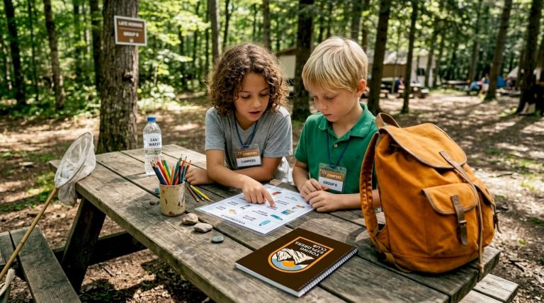 Children learning language outdoors at camp