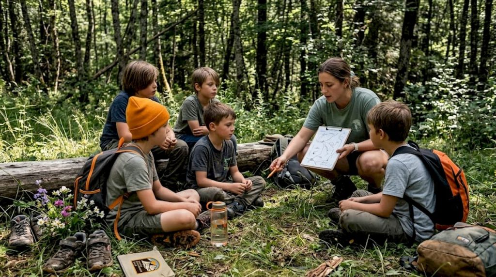 Children listening to counselor at outdoor camp