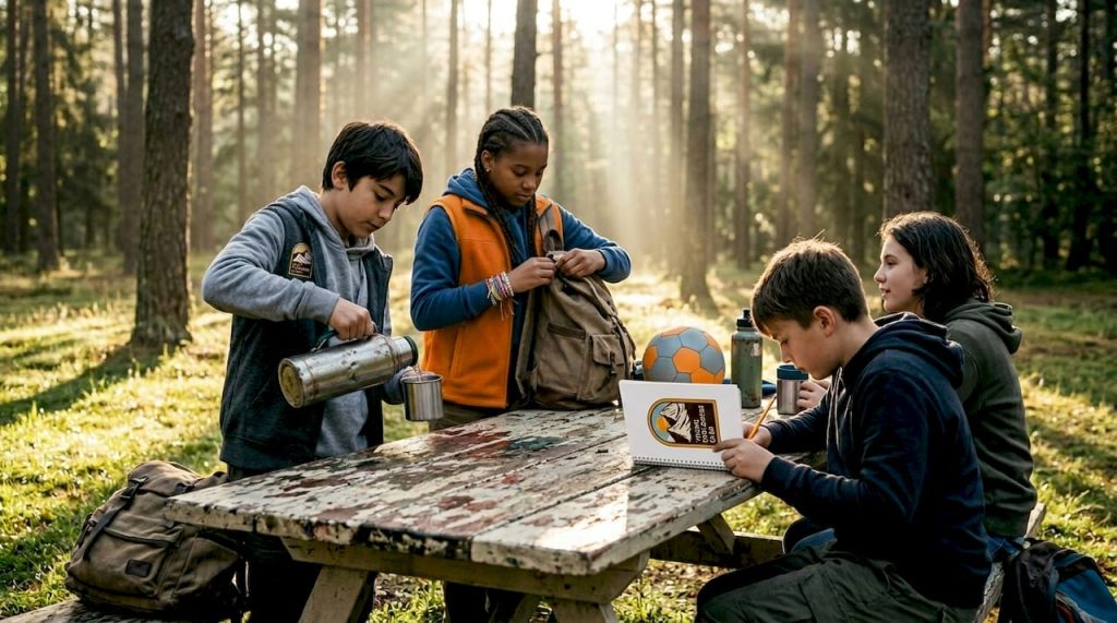 Campers gathering outdoors at picnic table