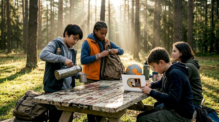 Campers gathering outdoors at picnic table