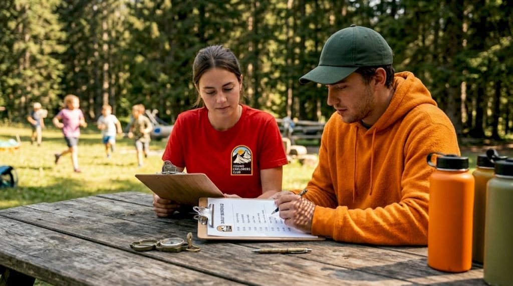 Mentors reviewing plans at Swiss summer camp