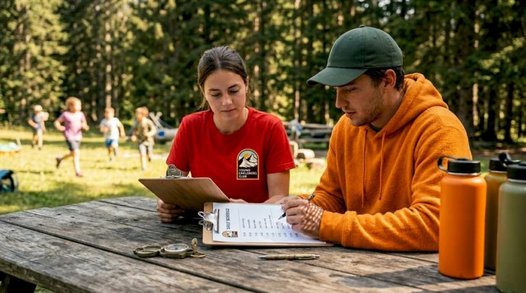 Mentors reviewing plans at Swiss summer camp