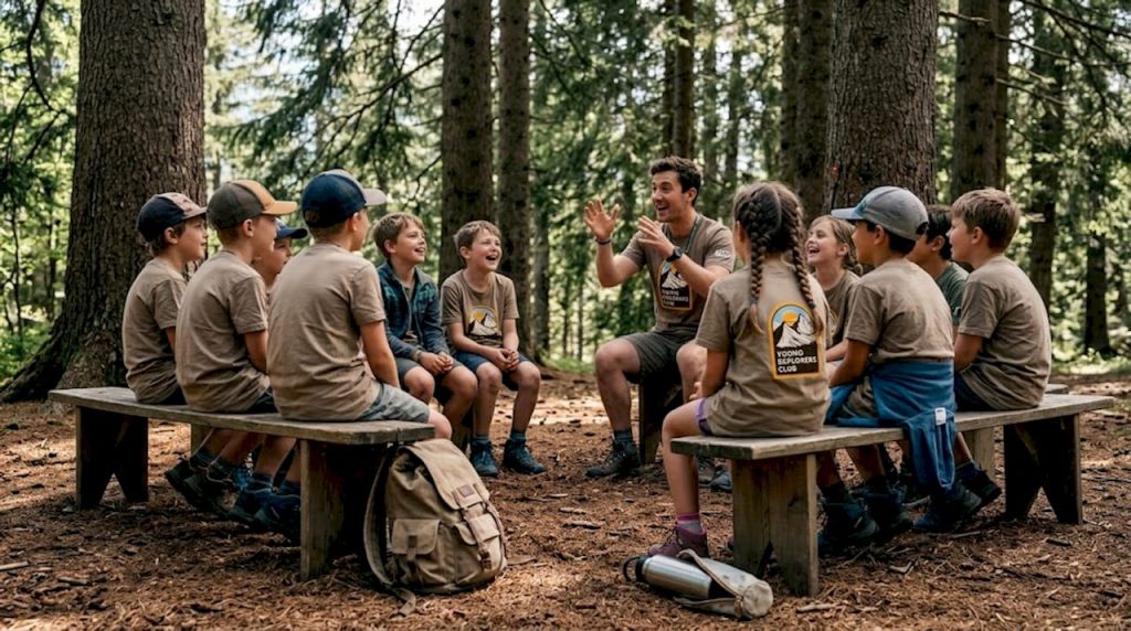 Kids participating in outdoor camp group activity