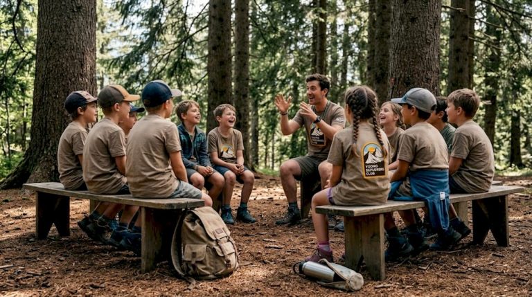 Kids participating in outdoor camp group activity