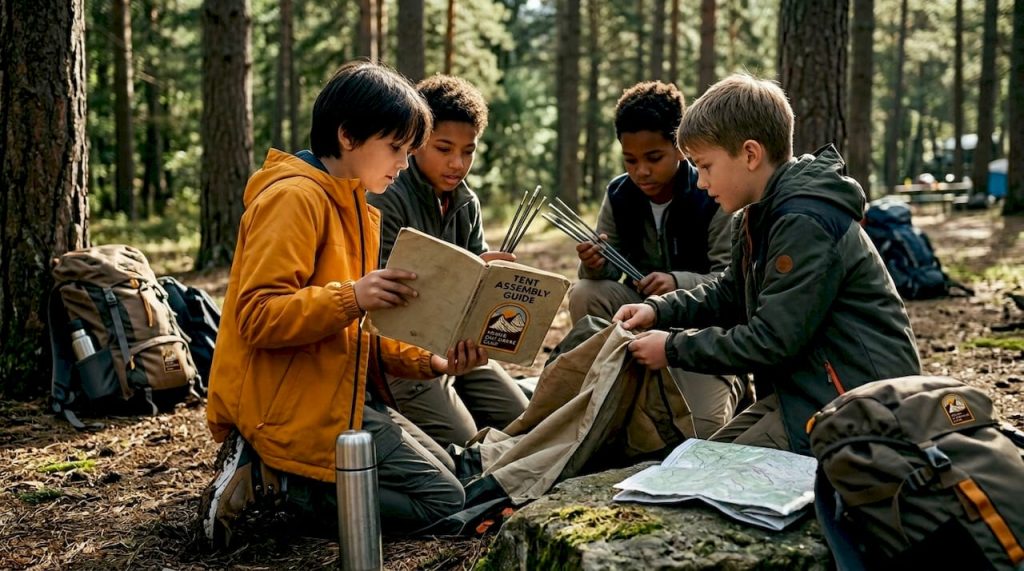 Campers assembling tent together outdoors