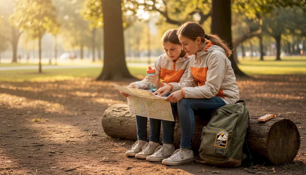 Mother and child navigate city park trail