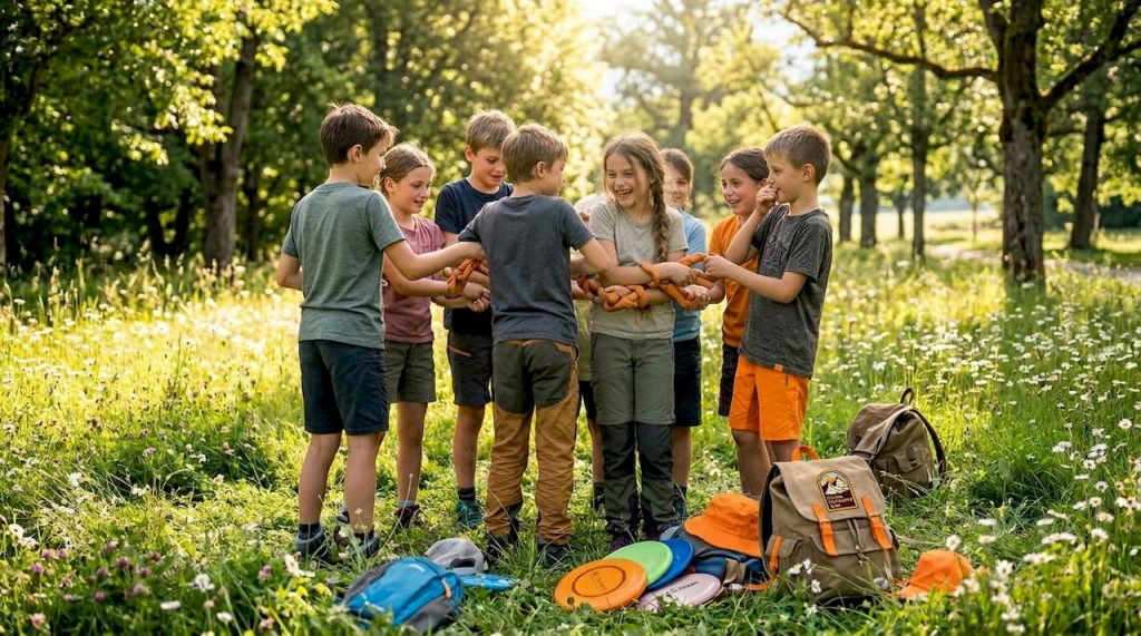 Kids play outdoor human knot team-building game