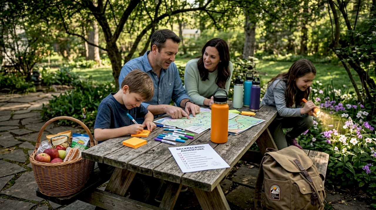 Guide to planning a camp trip: stress-free steps for families 1 Family planning a camping trip together