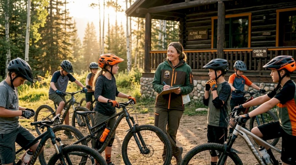 Children ready for mountain biking camp outdoors