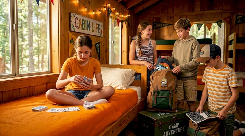 Kids meeting in lively camp cabin