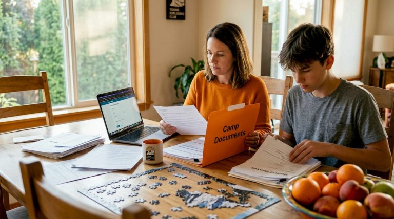 Parent and teen preparing camp paperwork