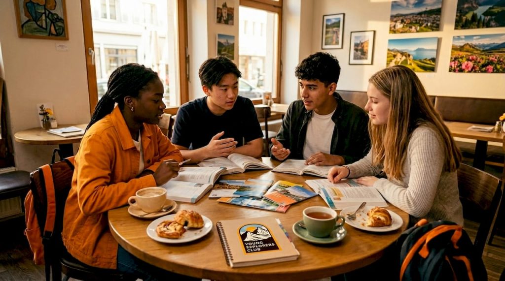 Teens chatting at table with maps, sunlight