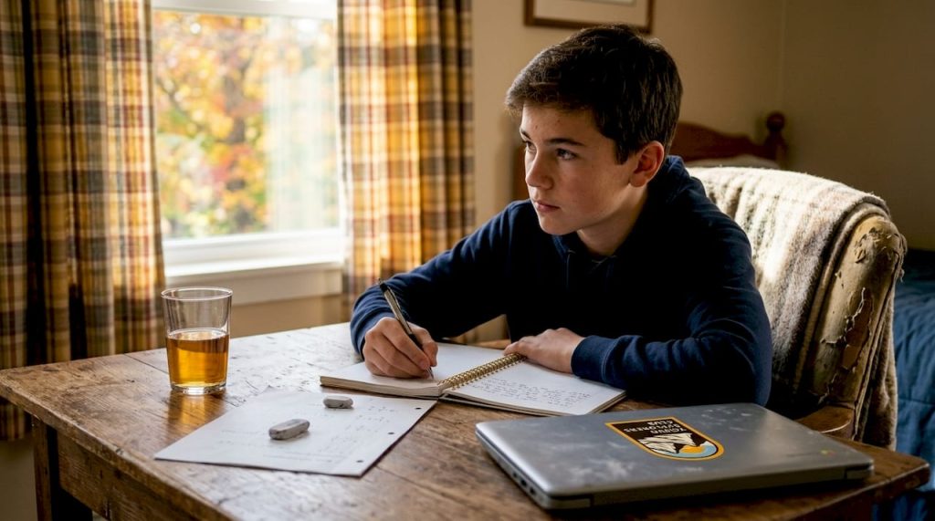 Teen journaling at kitchen table in sunlight