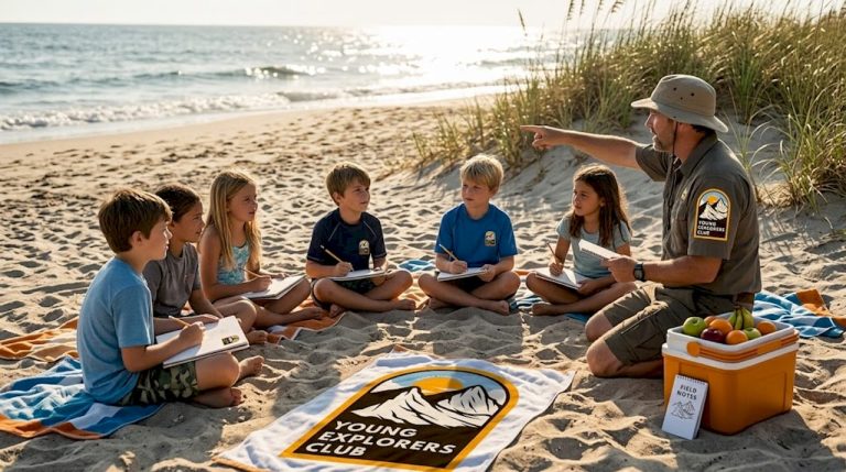 Children gathered learning outdoors with teacher