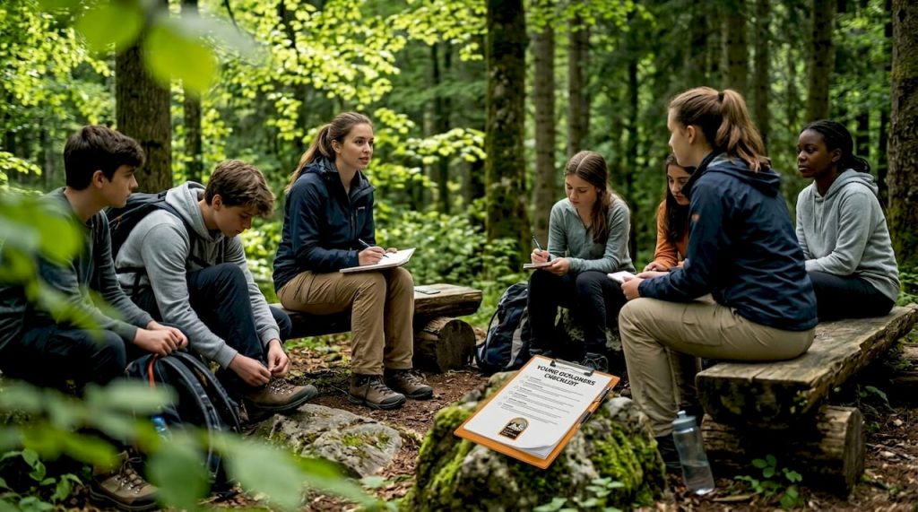 Youth leader briefing team in forest clearing