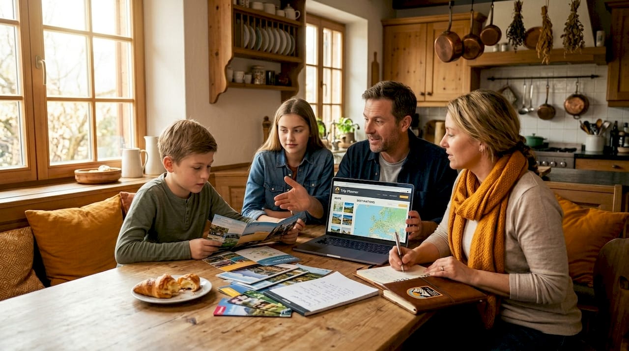 Educational Travel Ideas for Families with Kids 8-17 1 Family planning educational travel together at kitchen table