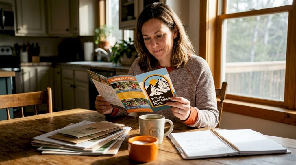 Mother reading camp brochure at kitchen table