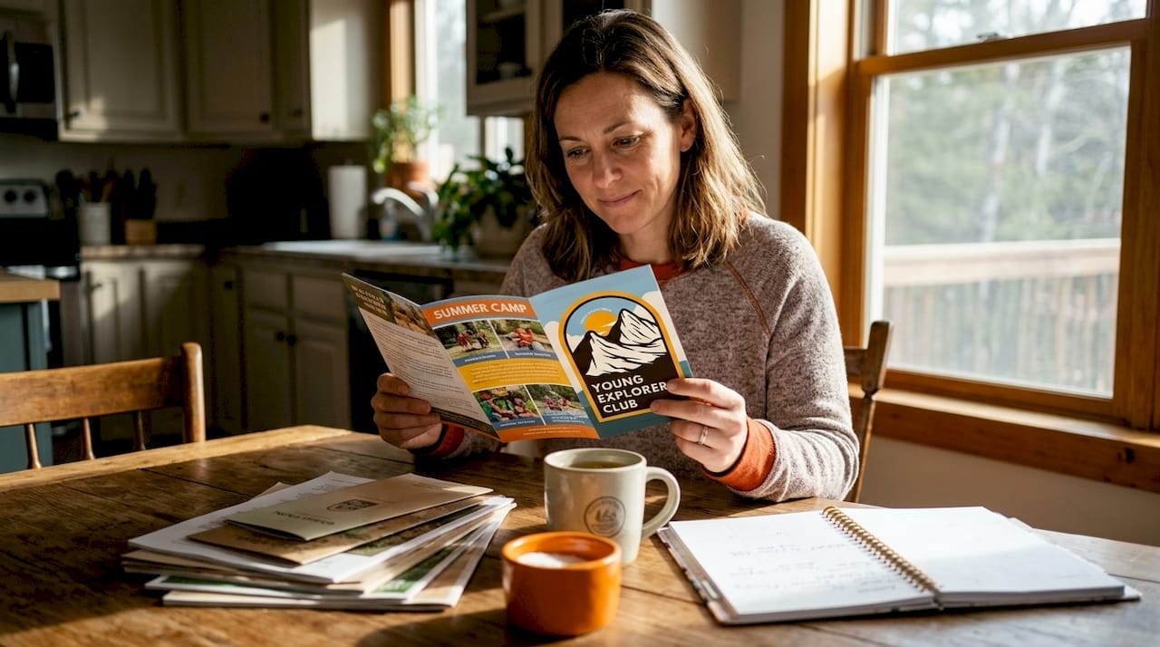 Why Camp Brochures Are Important for Parents in 2026 1 Mother reading camp brochure at kitchen table