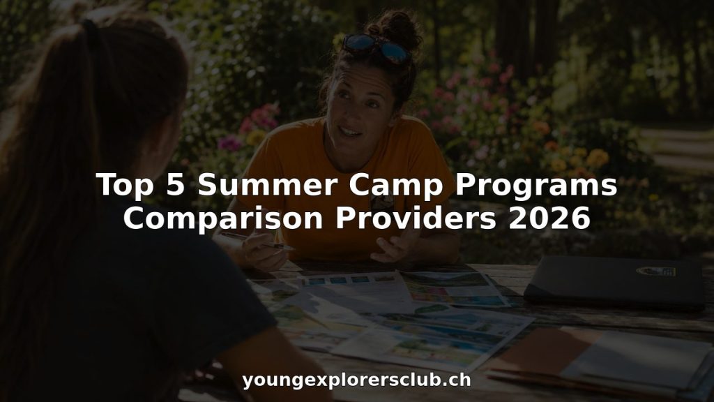 Camp counselor reviewing summer camp brochures
