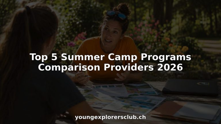 Camp counselor reviewing summer camp brochures