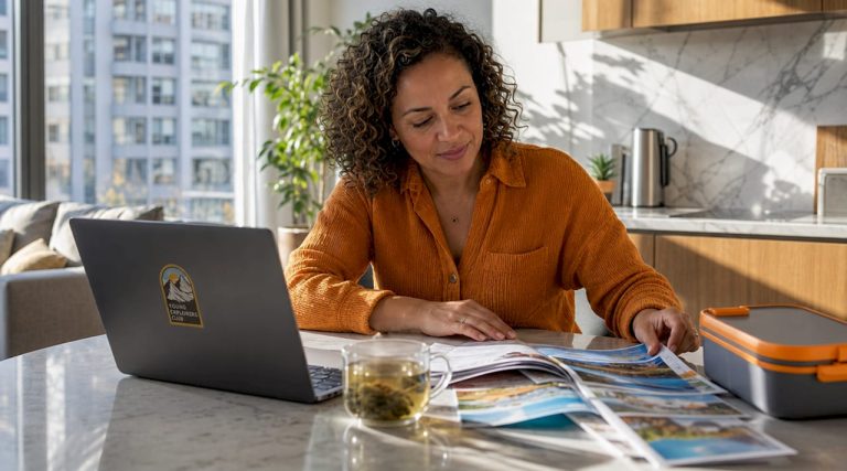 Parent planning educational tourism trip at home
