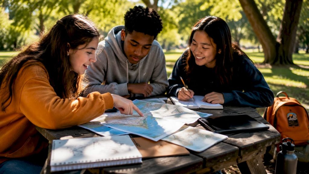 Teenagers planning educational travel trip at home