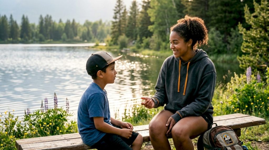 Camp counselor supporting bilingual child outdoors