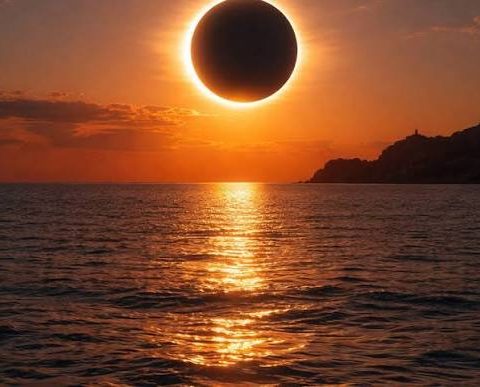 Total solar eclipse over the sea, as seen from Mallorca