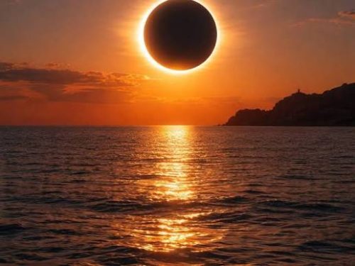 Total solar eclipse over the sea, as seen from Mallorca